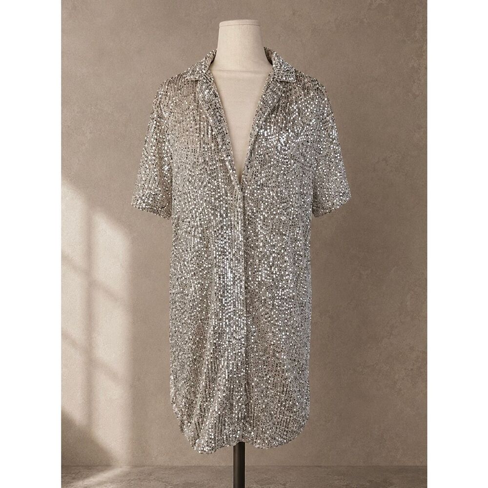 Anthropologie Sunday in Brooklyn Sequin Mini Shirtdress Silver Medium Party - Picture 2 of 8